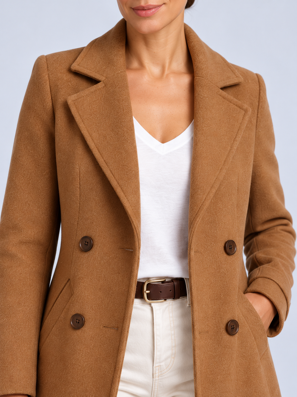 Manteau Long Femme Élégant et Chaud — Camel — détail