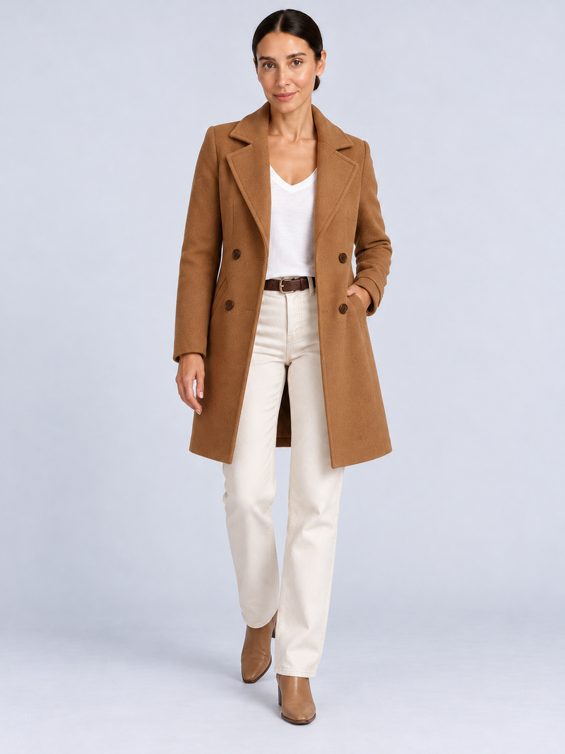 Manteau Long Femme Élégant et Chaud — Camel — vue de face portée