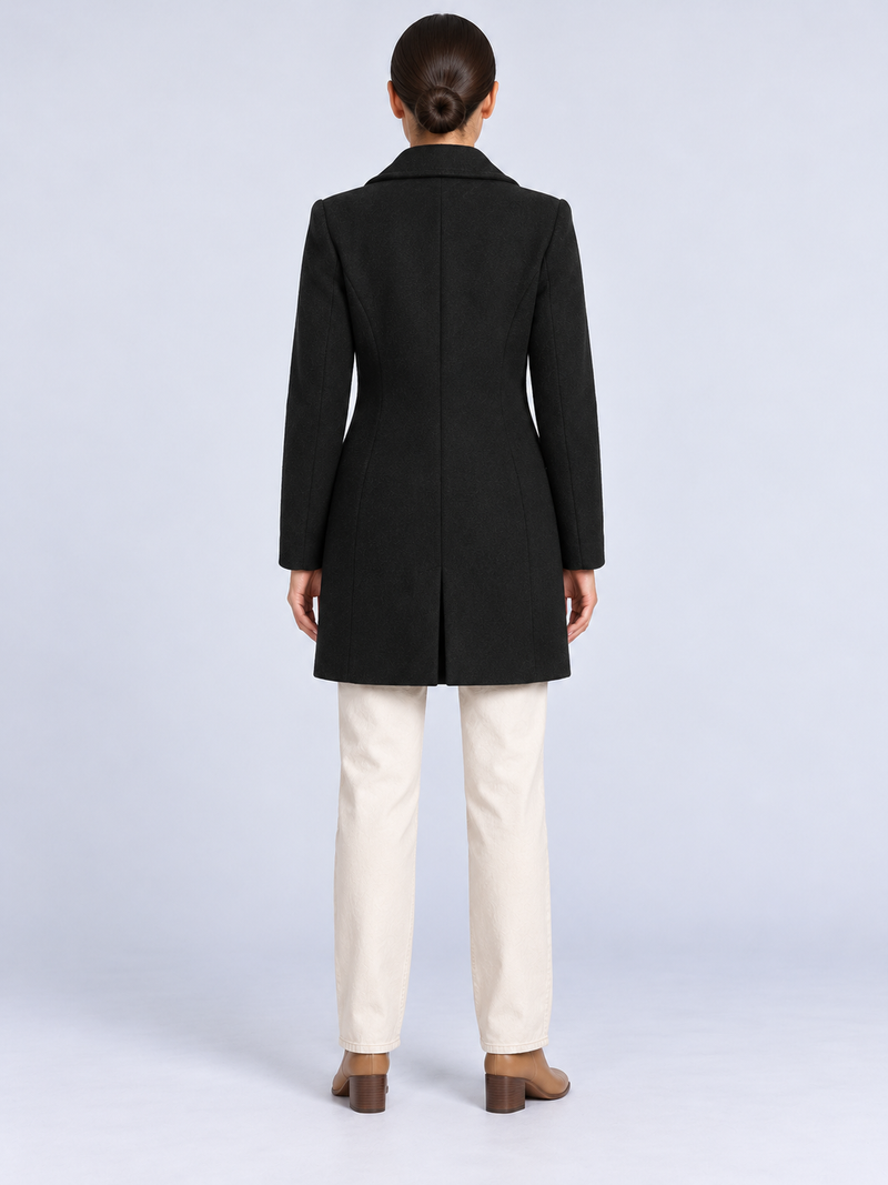 Manteau Long Femme Élégant et Chaud — Noir — vue de dos portée