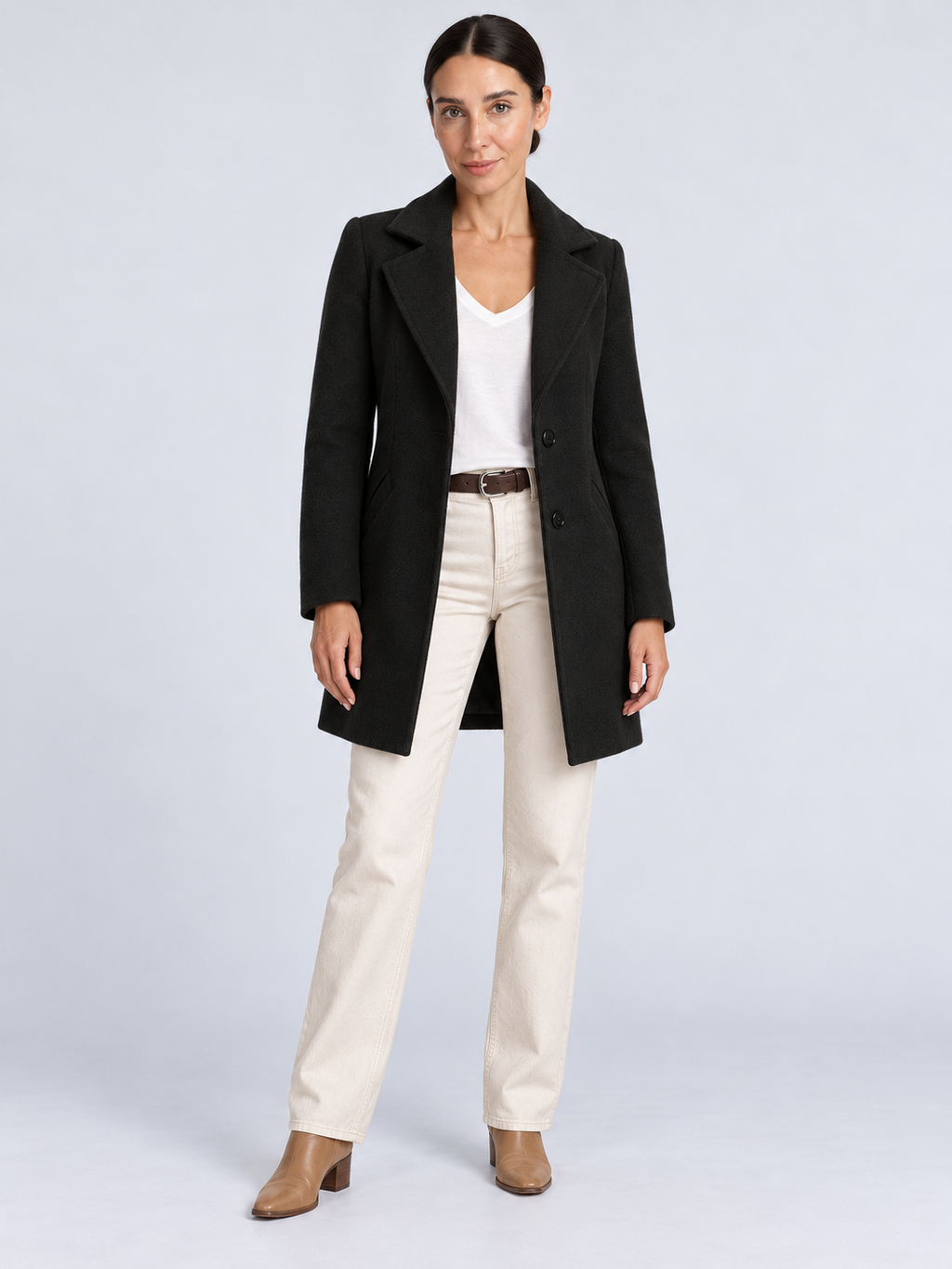 Manteau Long Femme Élégant et Chaud — Noir — vue de face portée