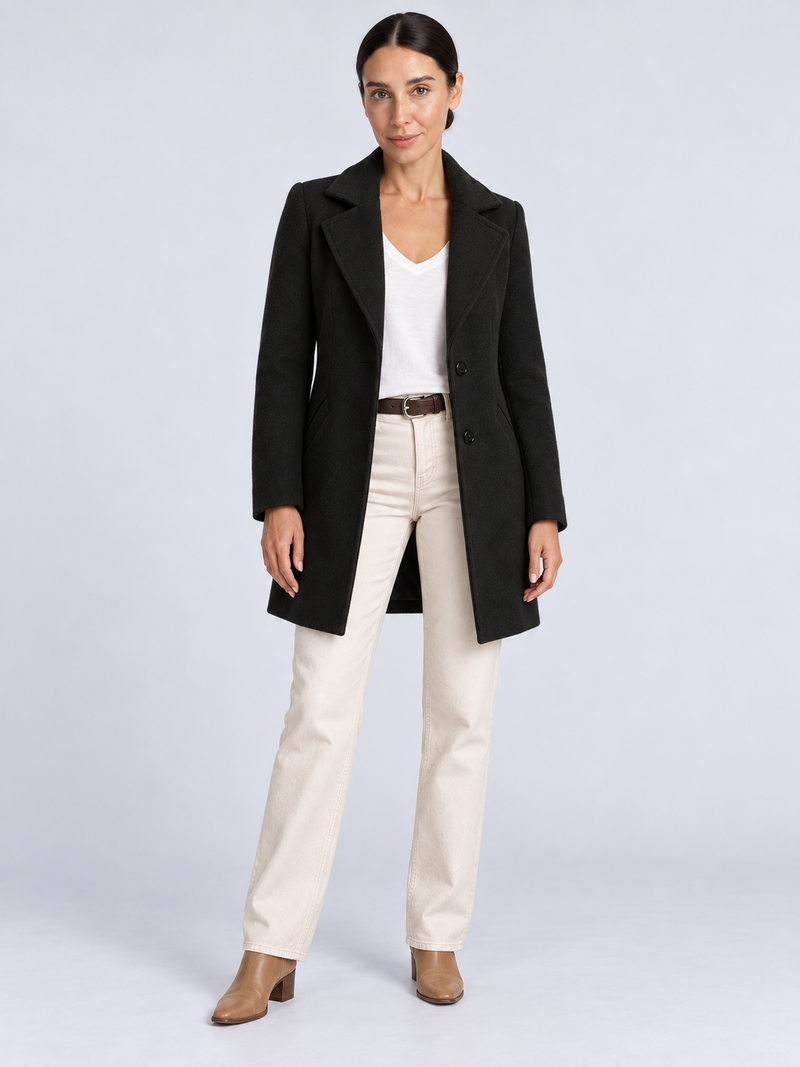 Manteau Long Femme Élégant et Chaud — Noir — vue de face portée