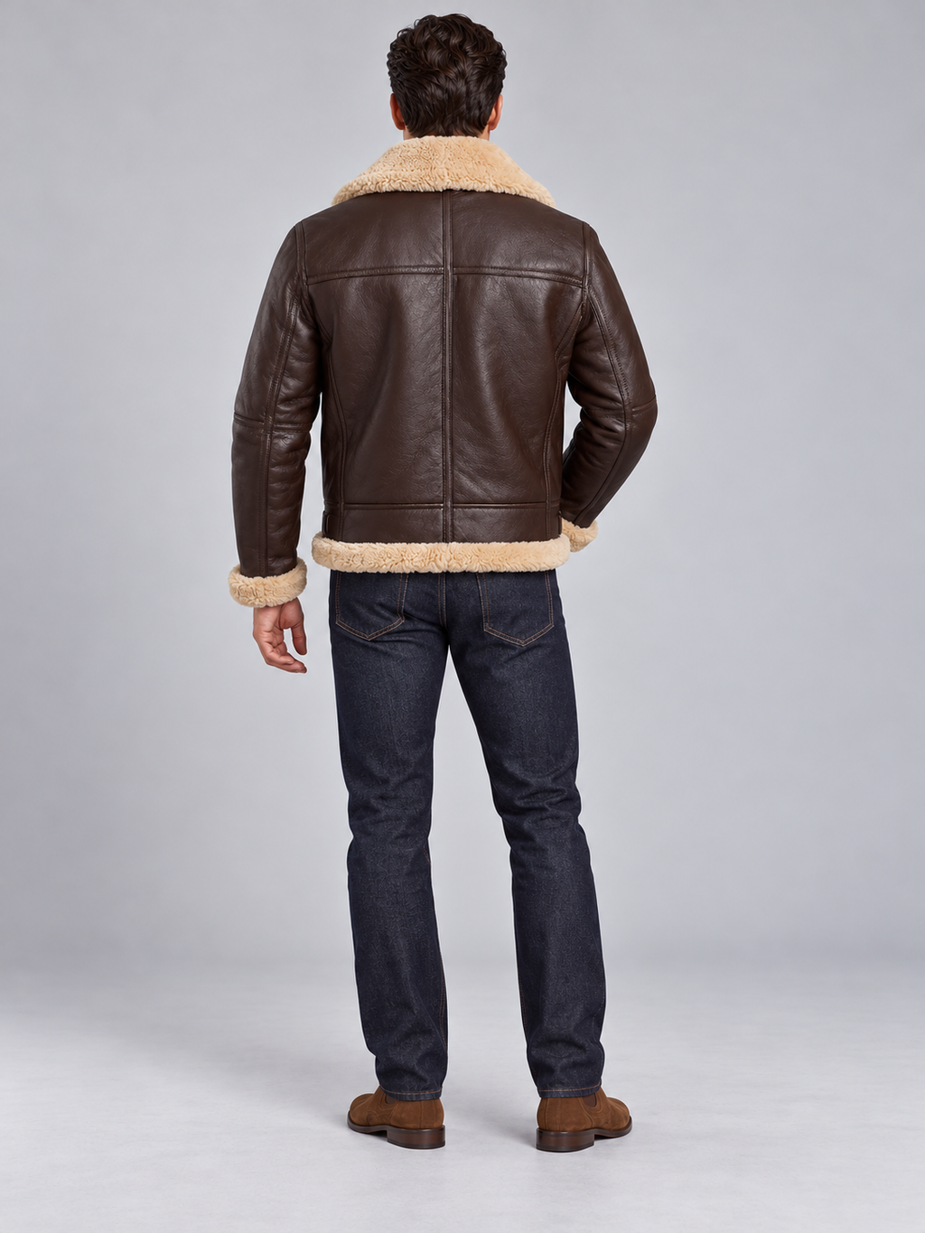 Veste Aviateur Homme Similicuir Doublée Effet Mouton — Marron — vue de dos portée