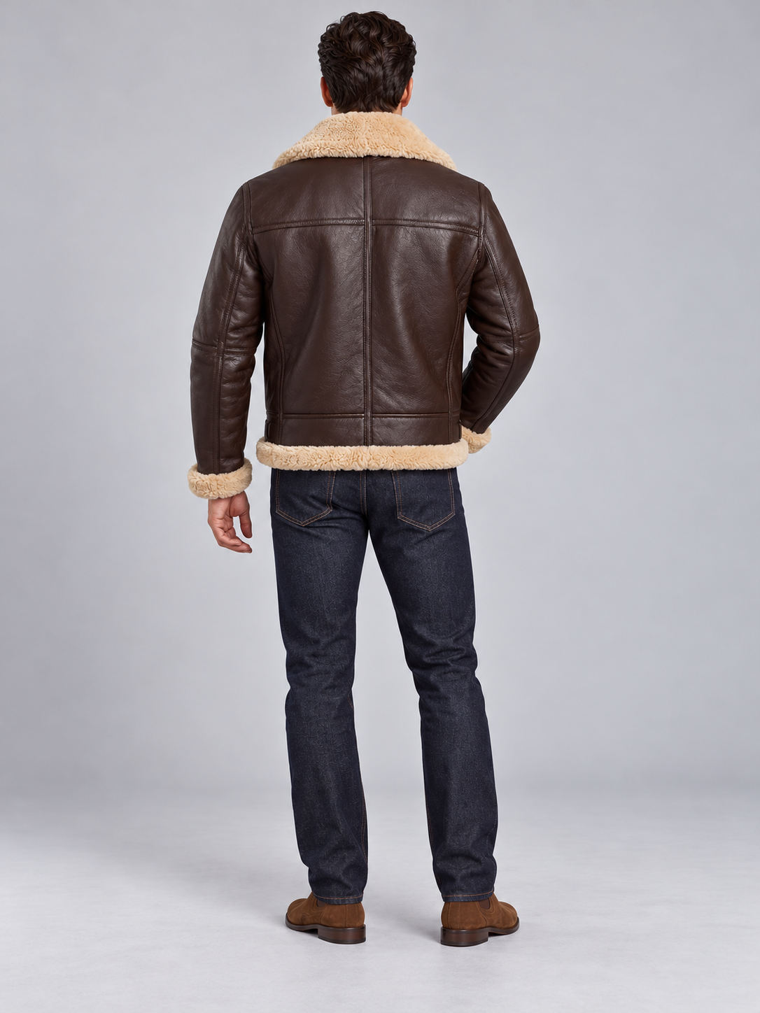 Veste Aviateur Homme Similicuir Doublée Effet Mouton — Marron — vue de dos portée