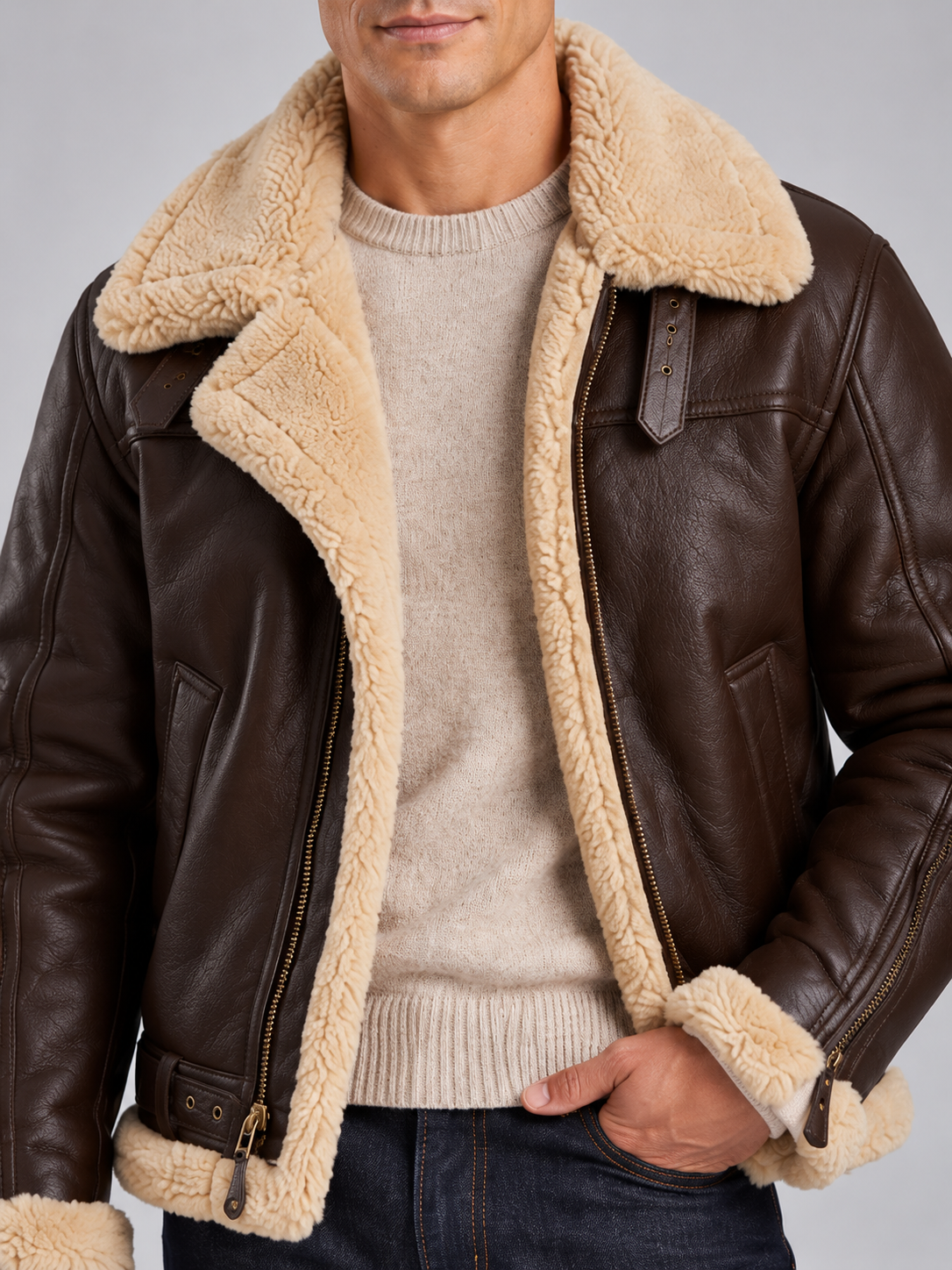 Veste Aviateur Homme Similicuir Doublée Effet Mouton — Marron — détail