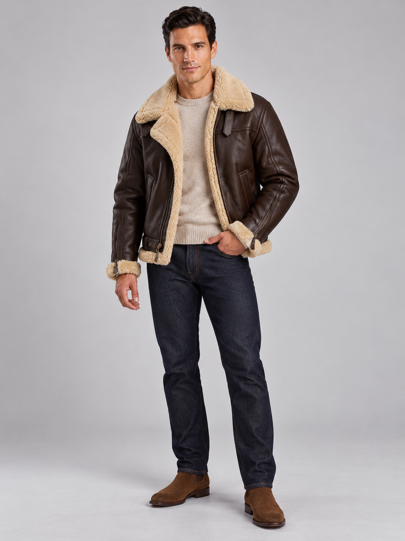Veste Aviateur Homme Similicuir Doublée Effet Mouton — Marron — vue de face portée