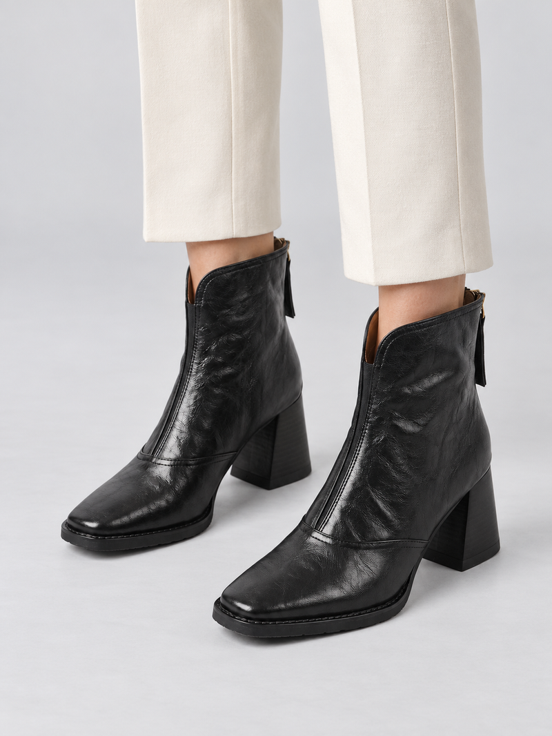 Bottes Femme Courtes Effet Cuir Talon Carré Zippées — Noir — vue de face portée