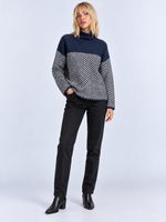 Pull Col Roulé Femme Ample Motif Chevron — Bleu — vue de face portée