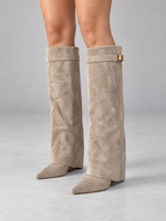 Bottes Hautes Femme à Talon Détail Doré — Beige — vue de face portée