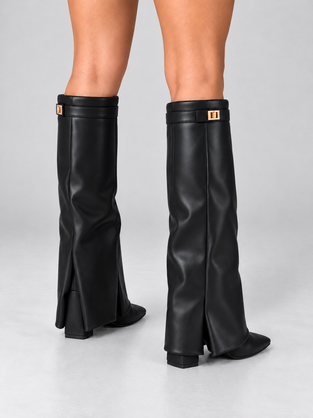 Bottes Hautes Femme à Talon Détail Doré — Noir Lisse — vue de dos portée