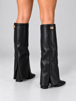 Bottes Hautes Femme à Talon Détail Doré — Noir Lisse — vue de dos portée