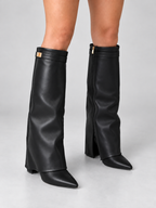 Bottes Hautes Femme à Talon Détail Doré — Noir Lisse — vue de face portée