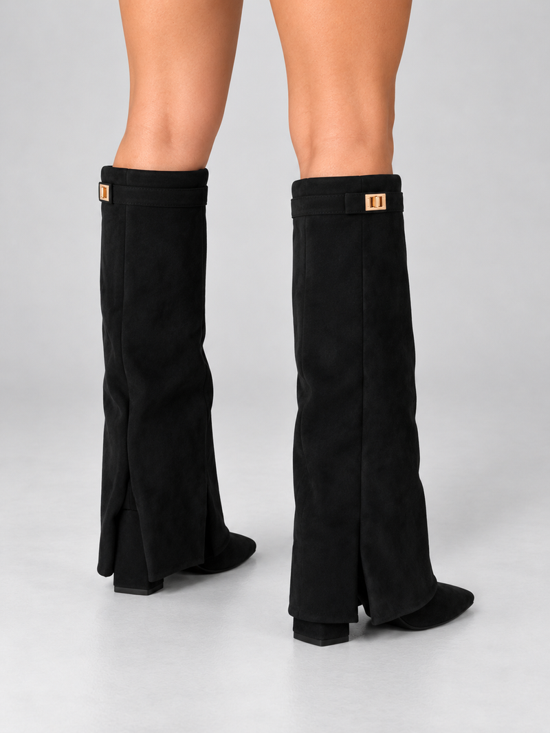 Bottes Hautes Femme à Talon Détail Doré — Noir Suédine — vue de dos portée