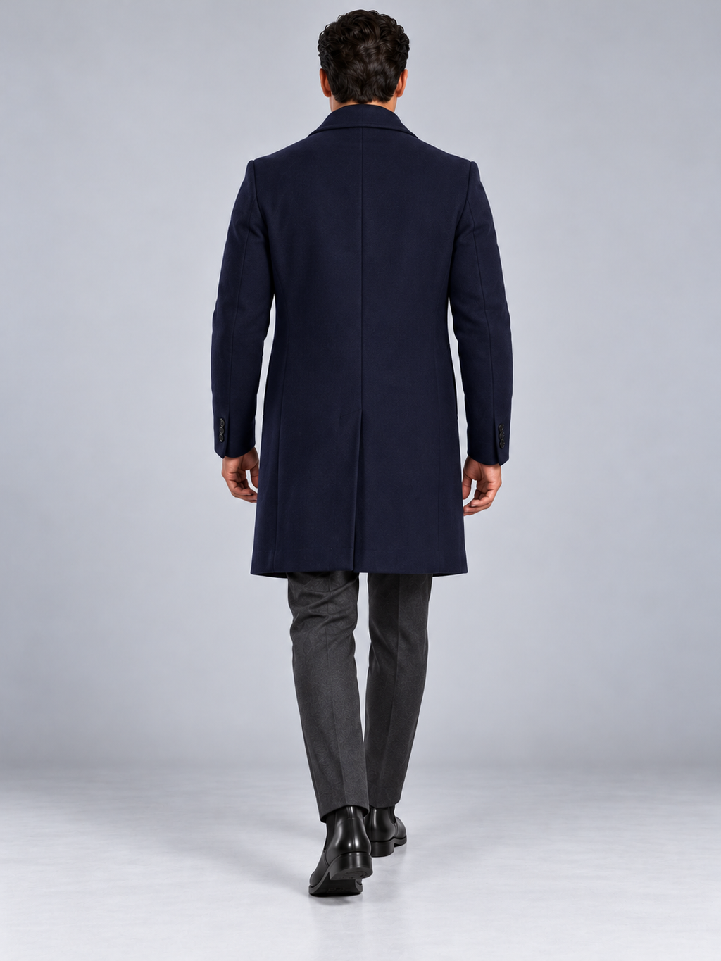 Manteau Long Homme Classique Effet Laine — Bleu Marine — vue de dos portée
