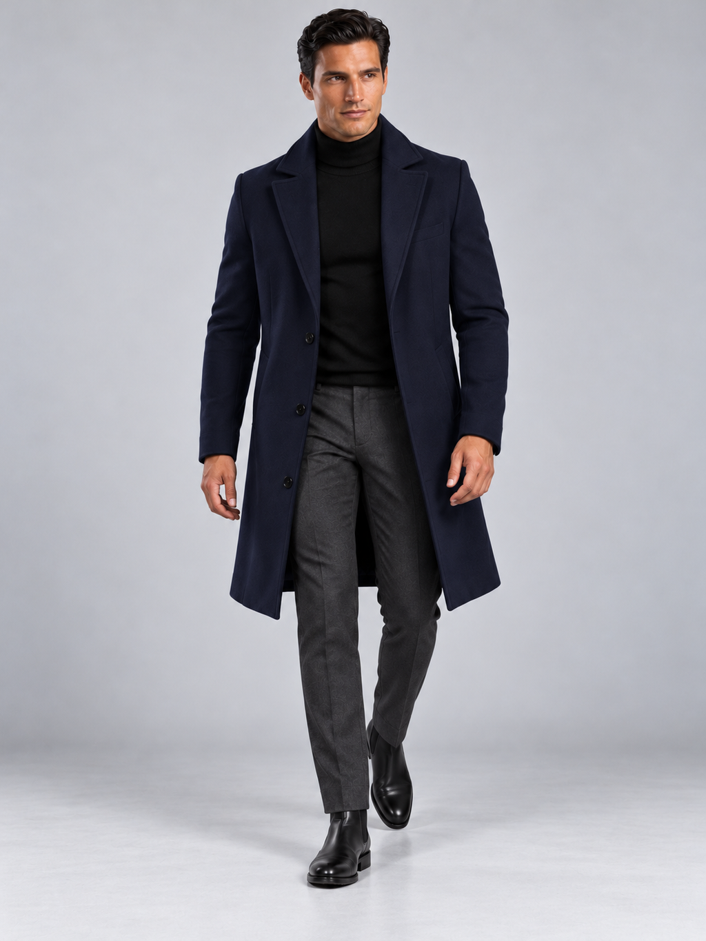 Manteau Long Homme Classique Effet Laine — Bleu Marine — vue de face portée