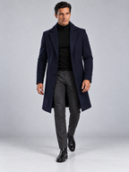 Manteau Long Homme Classique Effet Laine — Bleu Marine — vue de face portée