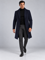 Manteau Long Homme Classique Effet Laine — Bleu Marine — vue de face portée