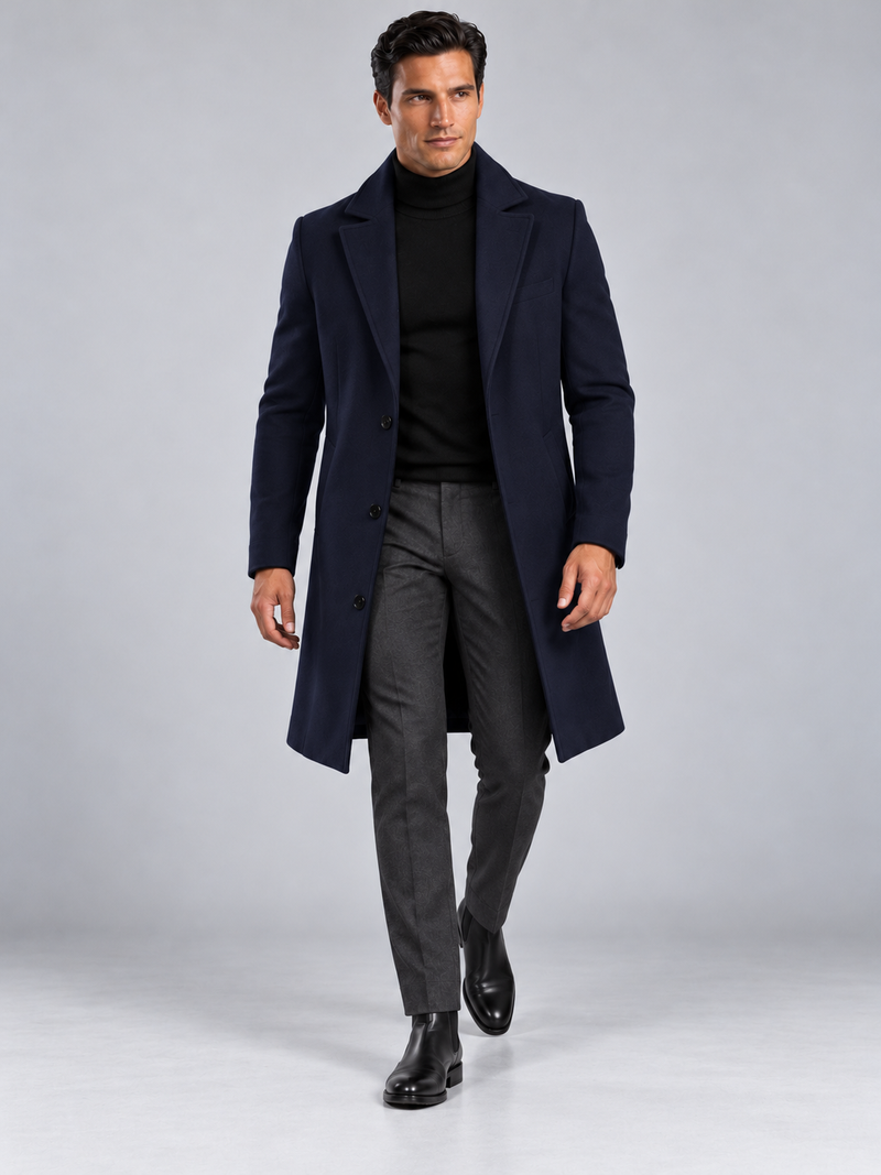 Manteau Long Homme Classique Effet Laine — Bleu Marine — vue de face portée