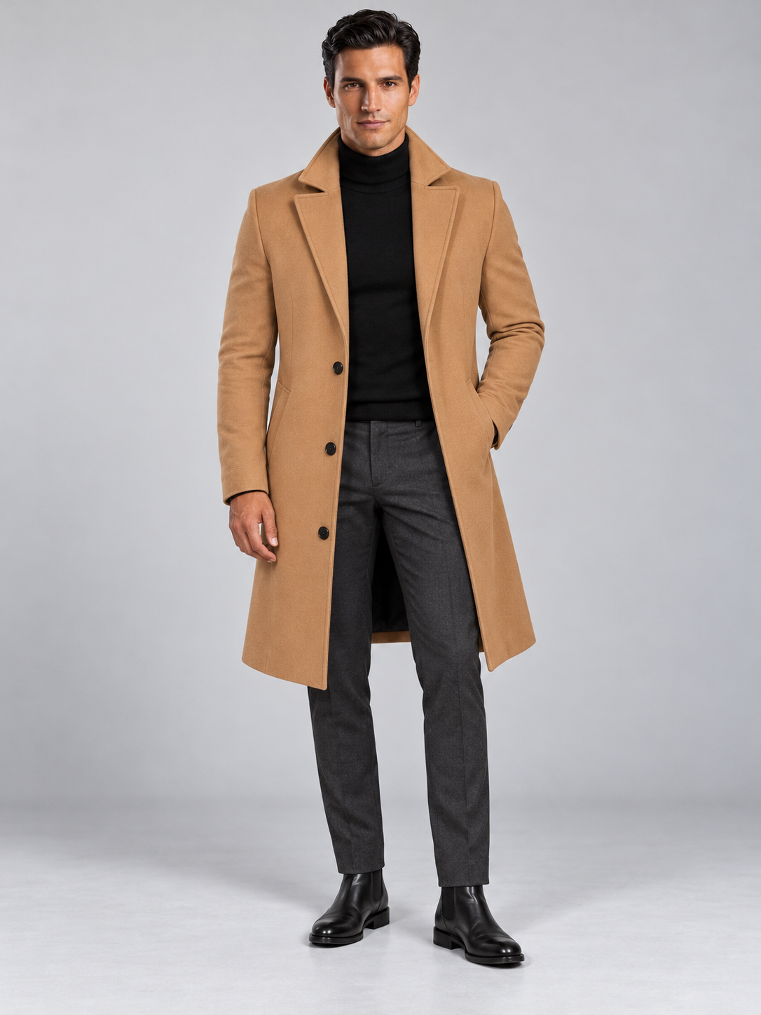 Manteau Long Homme Classique Effet Laine — Camel — vue de face portée
