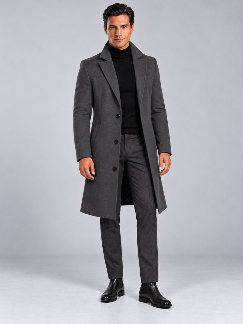 Manteau Long Homme Classique Effet Laine — Gris — vue de face portée