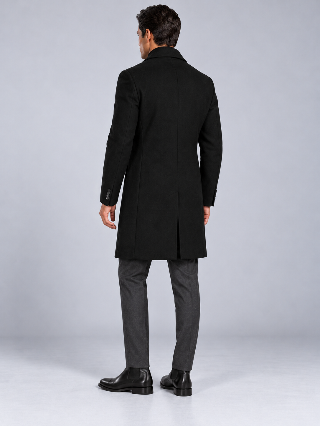 Manteau Long Homme Classique Effet Laine — Noir — vue de dos portée