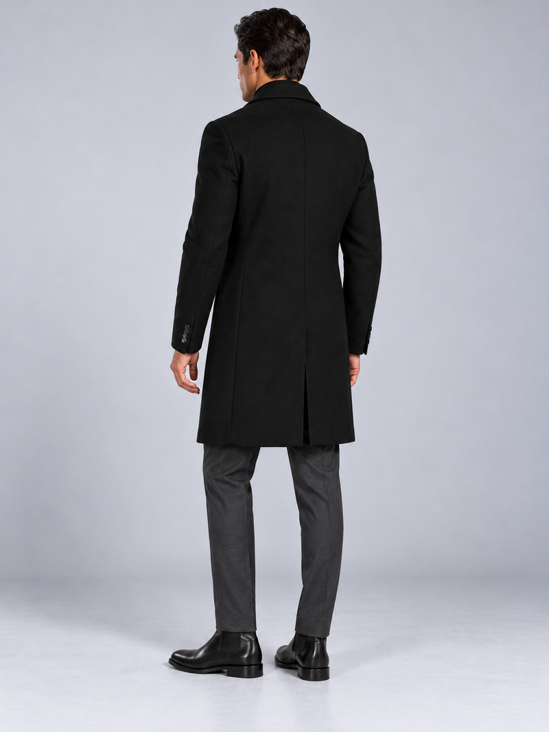 Manteau Long Homme Classique Effet Laine — Noir — vue de dos portée