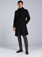 Manteau Long Homme Classique Effet Laine — Noir — vue de face portée