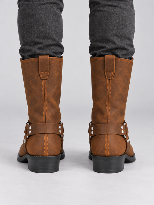 Bottes Homme Effet Cuir Vieilli Style Western — Brun — vue de dos portée