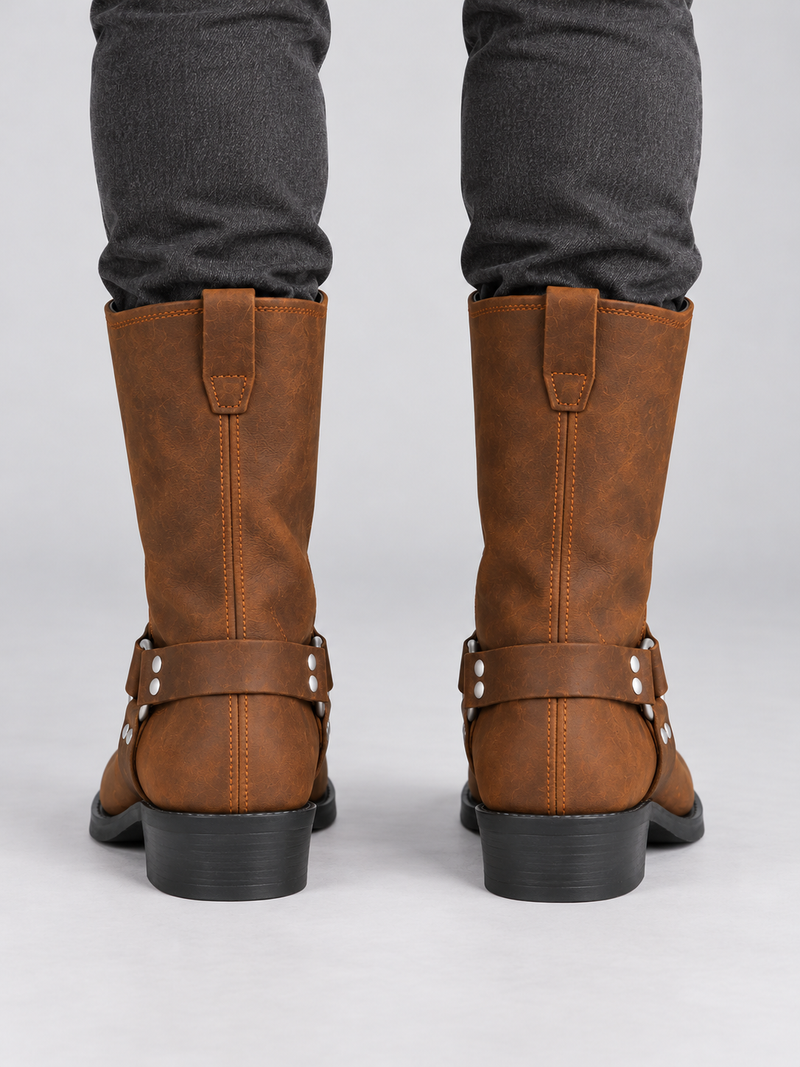 Bottes Homme Effet Cuir Vieilli Style Western — Brun — vue de dos portée