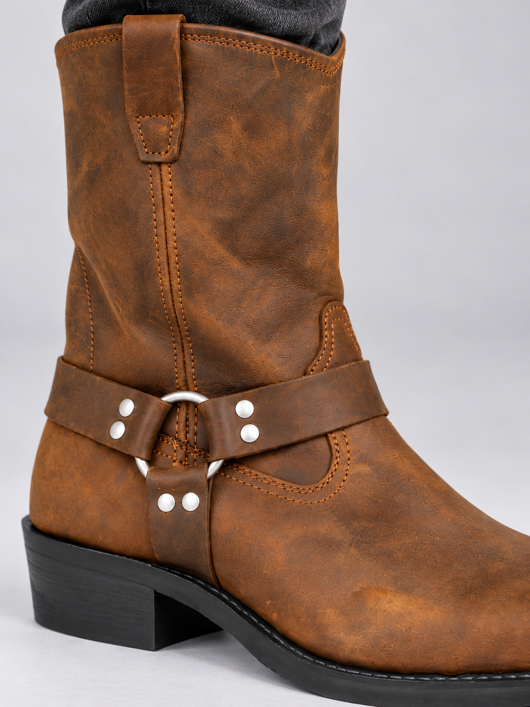 Bottes Homme Effet Cuir Vieilli Style Western — Brun — détail