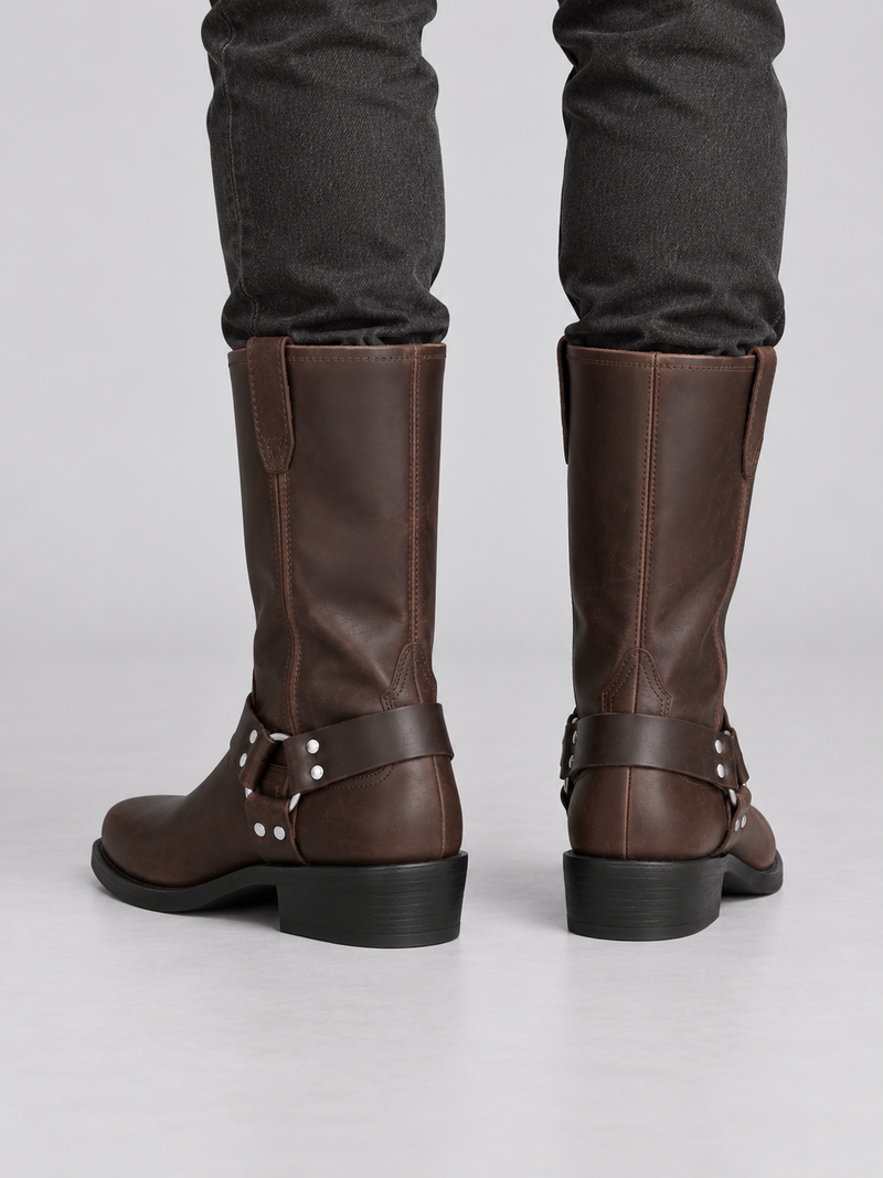 Bottes Homme Effet Cuir Vieilli Style Western — Marron — vue de dos portée