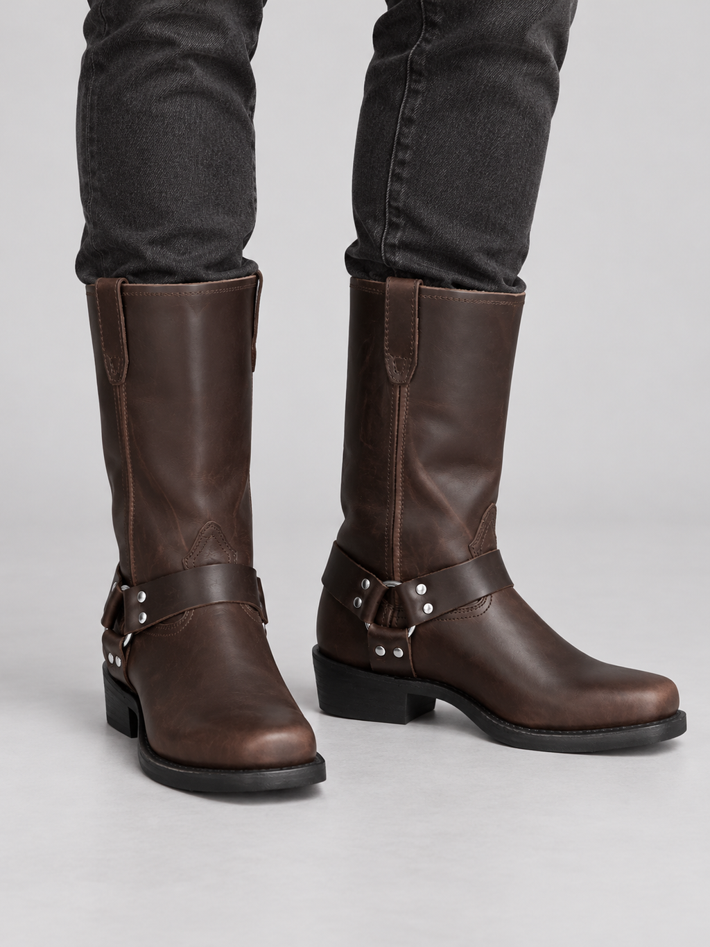 Bottes Homme Effet Cuir Vieilli Style Western — Marron — vue de face portée