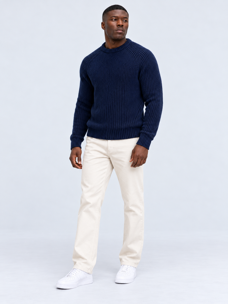 Pull Homme Côtelé Épais Col Rond — Bleu Marine — vue de face portée