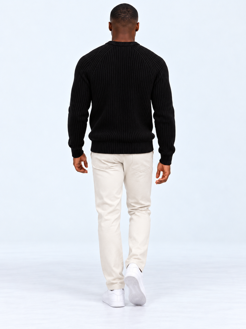 Pull Homme Côtelé Épais Col Rond — Noir — vue de dos portée