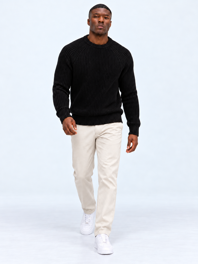 Pull Homme Côtelé Épais Col Rond — Noir — vue de face portée