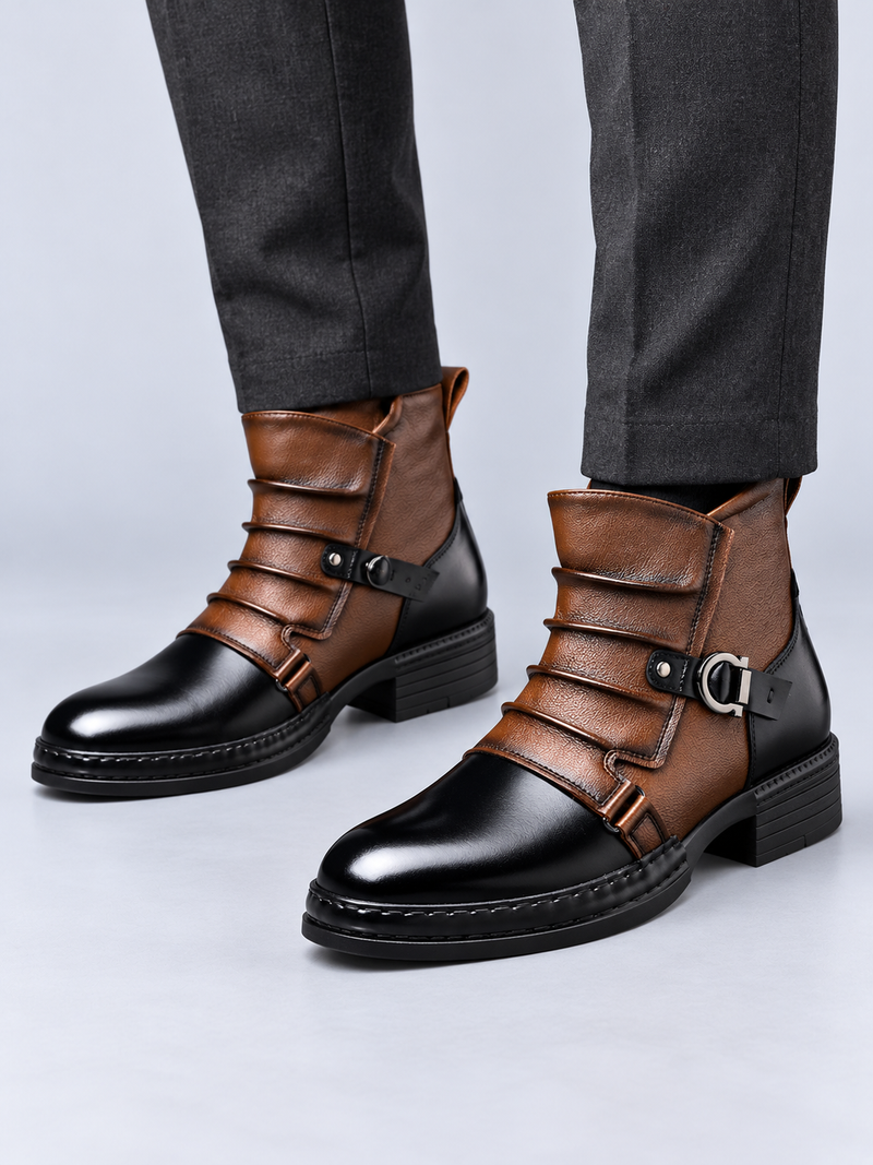 Boots Homme Effet Cuir Style Vintage — Marron Chêne — vue de face portée