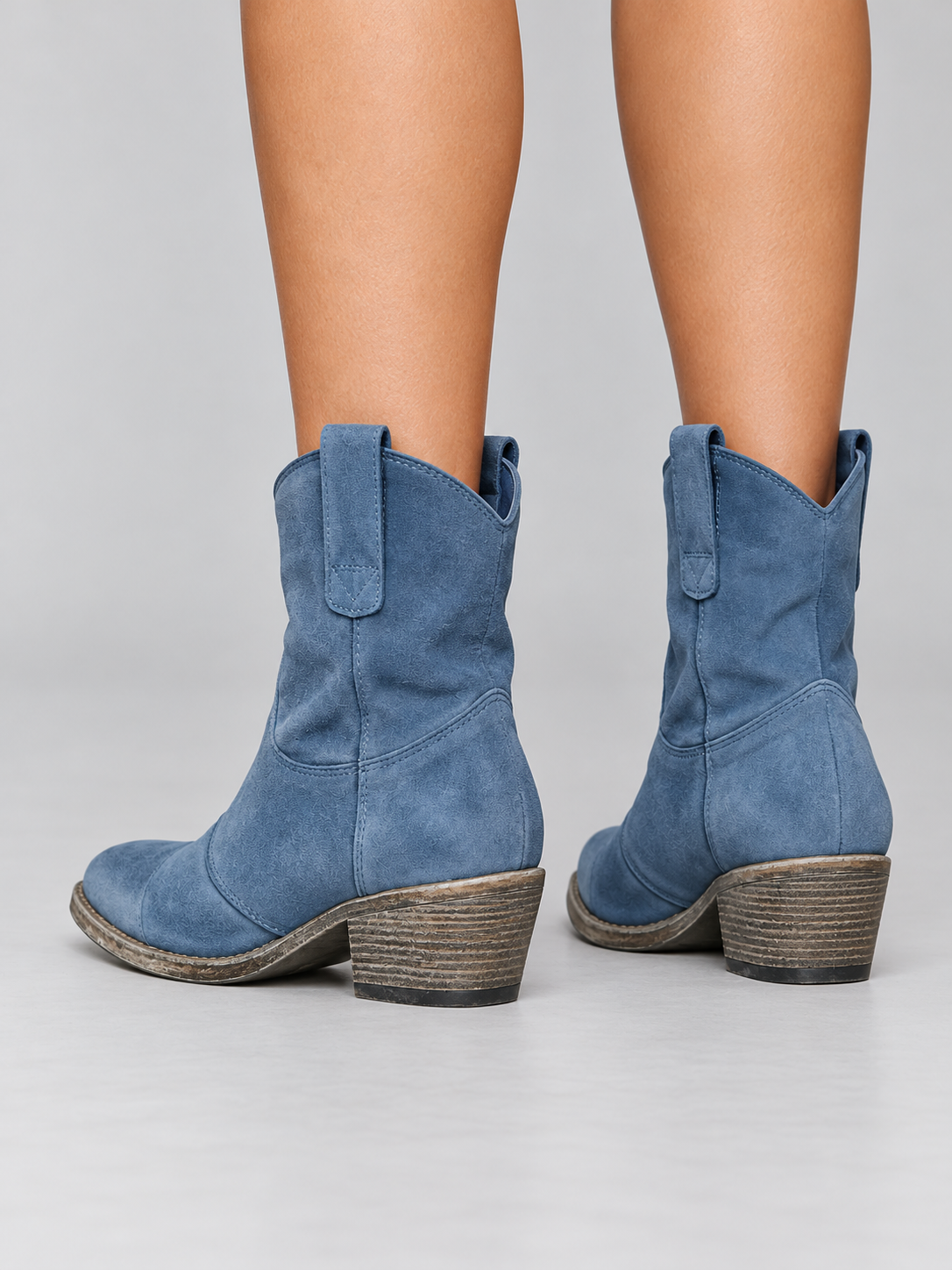Santiag Femme Effet Daim Talon Bas — Bleu — vue de dos portée
