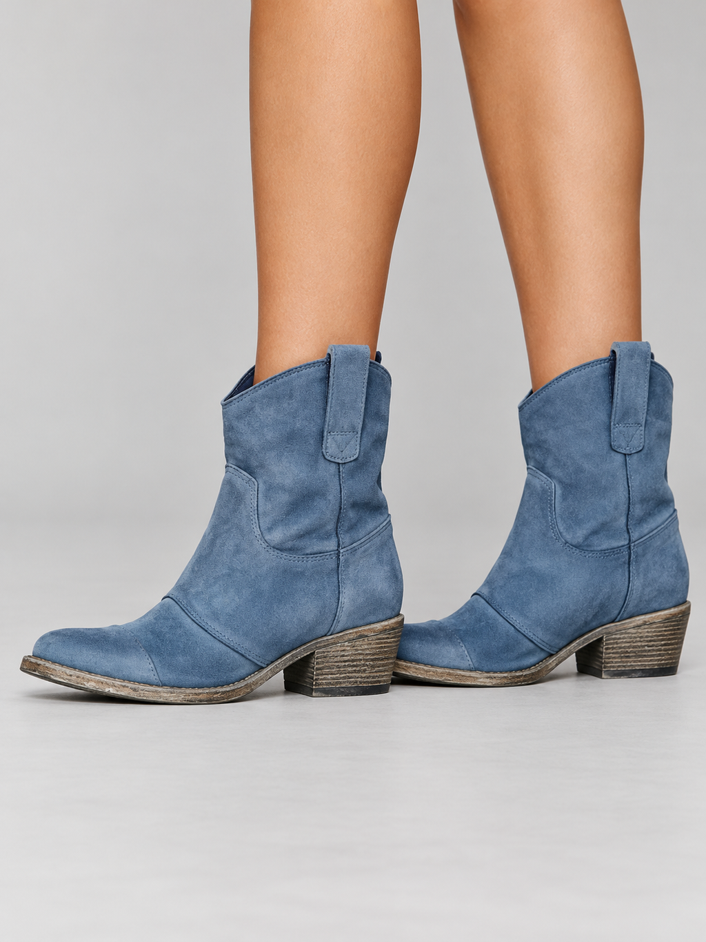 Santiag Femme Effet Daim Talon Bas — Bleu — portées