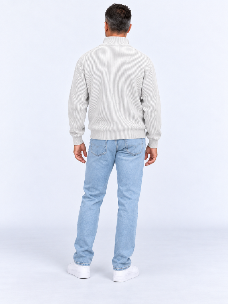 Pull Camionneur Homme Col Zippé Moderne — Blanc — vue de dos