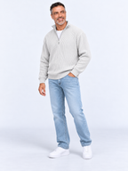 Pull Camionneur Homme Col Zippé Moderne — Blanc — porté sur mannequin