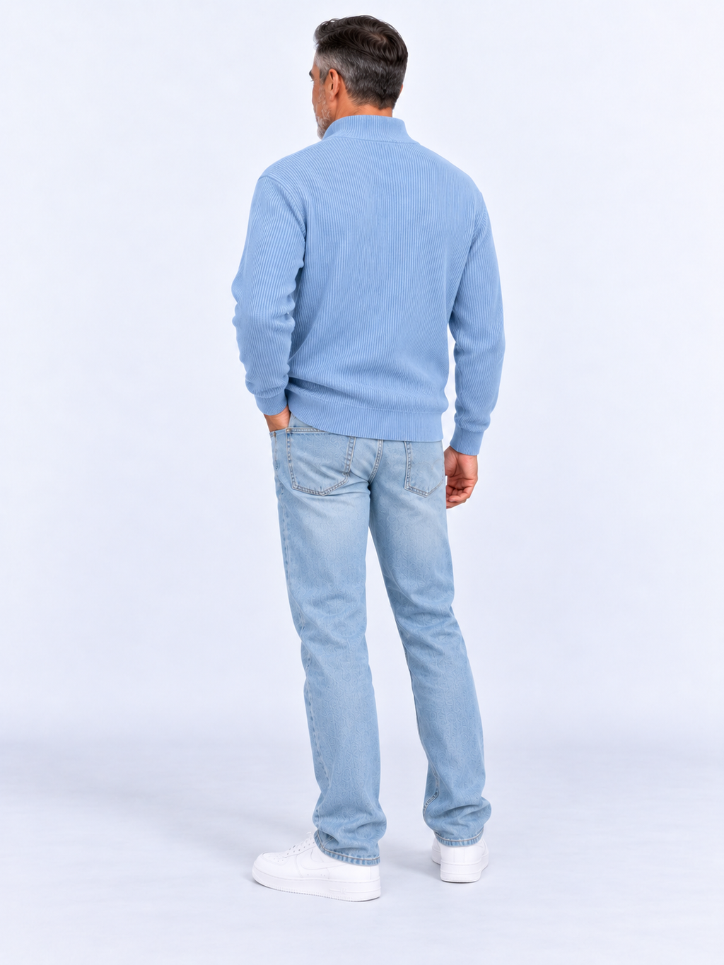 Pull Camionneur Homme Col Zippé Moderne — Bleu Clair — vue de dos