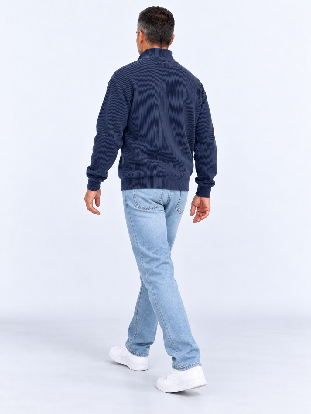 Pull Camionneur Homme Col Zippé Moderne — Bleu Marine — vue de dos