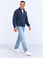 Pull Camionneur Homme Col Zippé Moderne — Bleu Marine — porté sur mannequin
