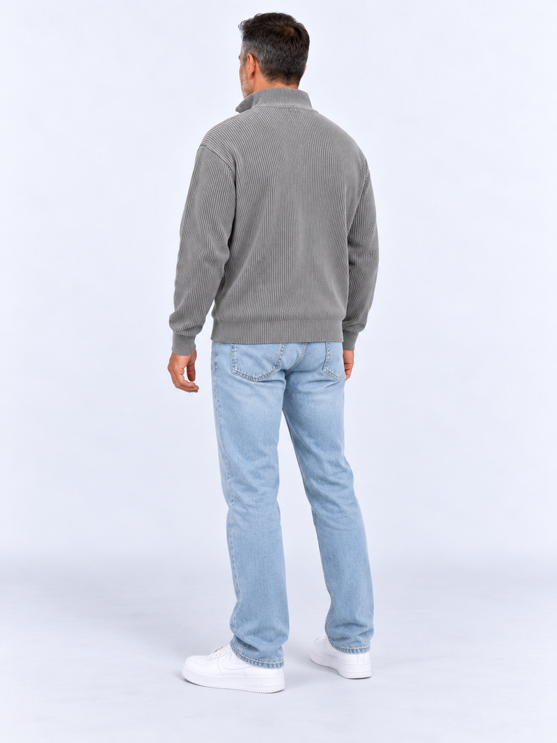 Pull Camionneur Homme Col Zippé Moderne — Gris — vue de dos