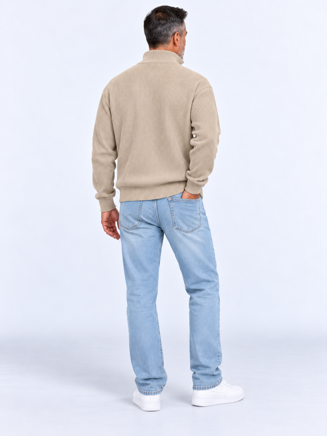 Pull Camionneur Homme Col Zippé Moderne — Kaki — vue de dos