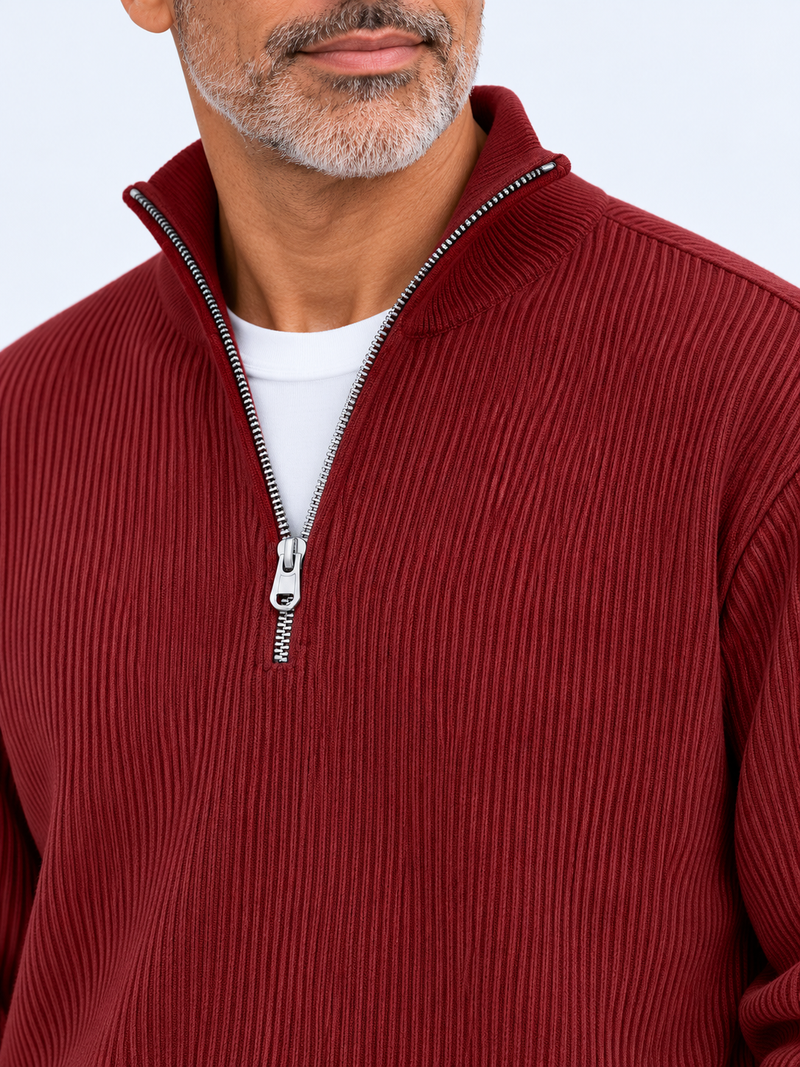 Pull Camionneur Homme Col Zippé Moderne — Rouge — détail de la maille