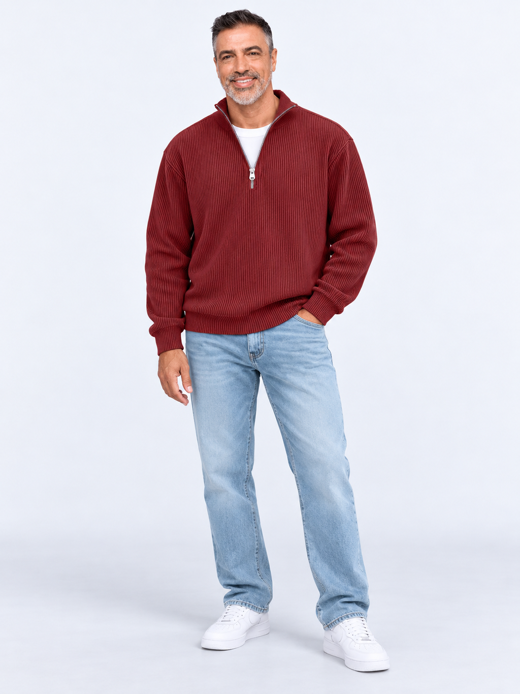 Pull Camionneur Homme Col Zippé Moderne — Rouge — porté sur mannequin