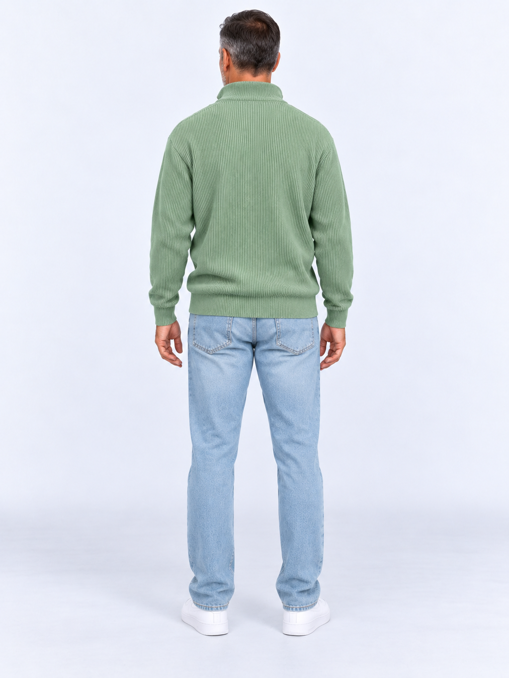 Pull Camionneur Homme Col Zippé Moderne — Vert Sauge — vue de dos
